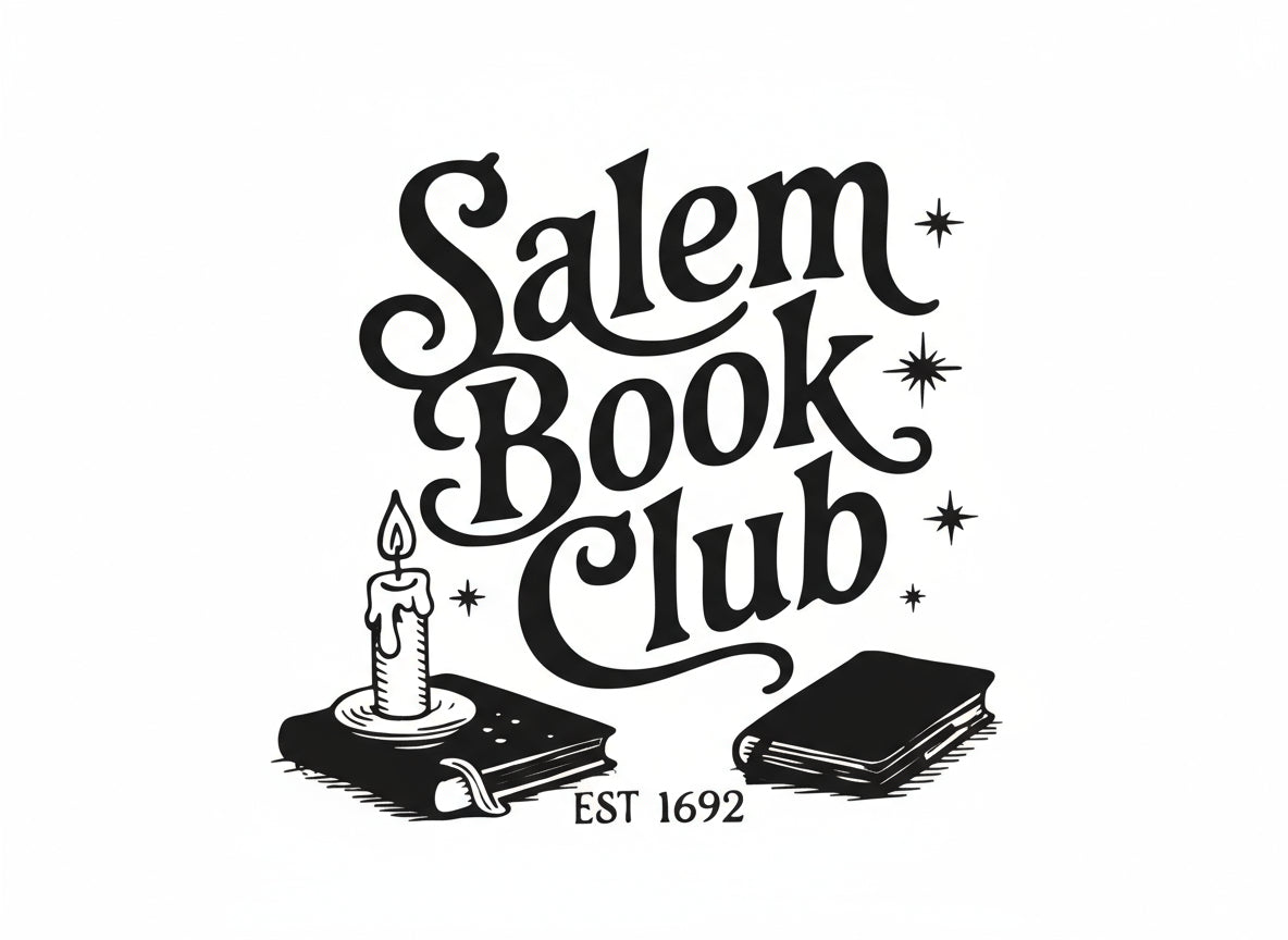 Salem Book Club sign with a candle and books illustration on a white background