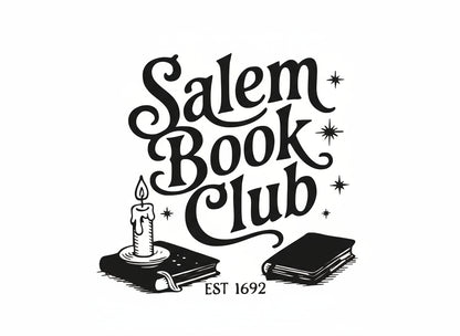 Salem Book Club sign with a candle and books illustration on a white background