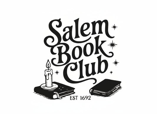 Salem Book Club sign with a candle and books illustration on a white background
