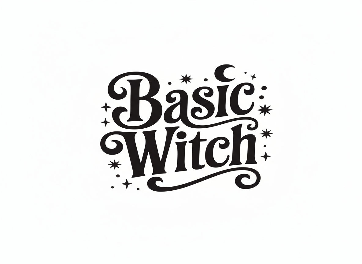 Sticker with 'Basic Witch' text on a white background