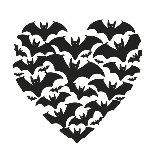 Heart-shaped cutout with black bat designs on a white background