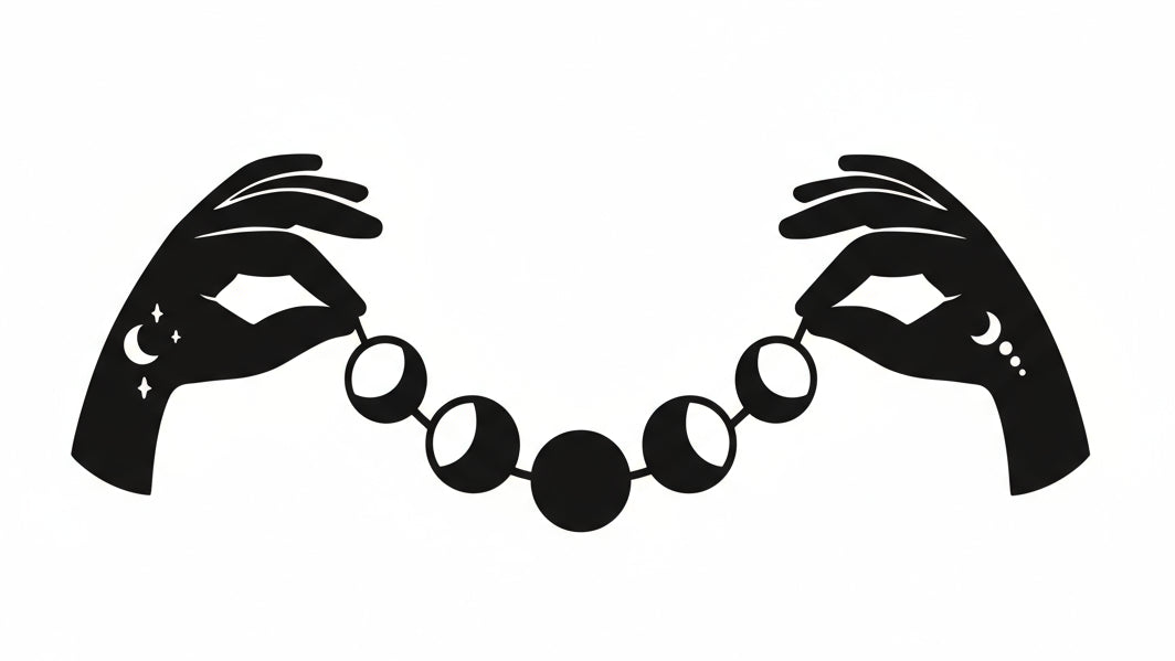 Black silhouette of hands holding a bracelet with moon phases on a white background